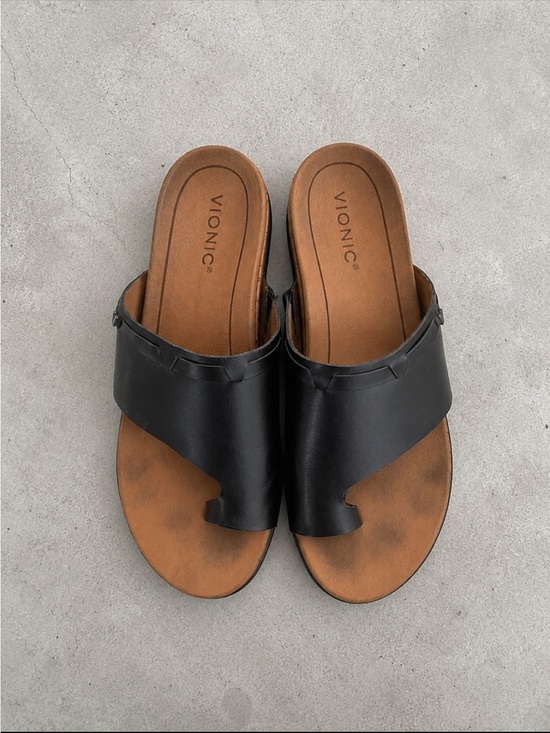 Vionic Shoes - Vionic Cindy Black Leather Toe Ring Slide Sandals Orthotic Comfort US 12
